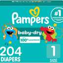 Pampers Diapers - Baby Dry - Size 1, 204 Count, Absorbent Disposable Infant Diaper (Packaging May Vary)