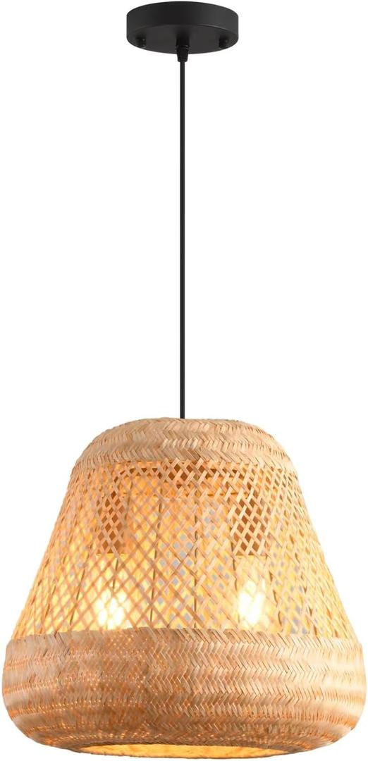 2-Light Rattan Pendant Light,Handmade Rattan Woven Wicker Boho Chandelier Light Fixture Kitchen Island Bedroom Living Room Dining Room Farmhouse Adjustable Height (14.96inch, Nature)