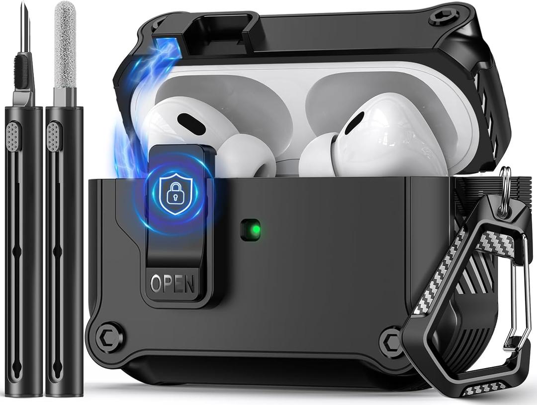 Pohgelan Compatible with AirPods Pro 2nd/1st Case,Magnetic Automatic Lock with Cleaning Kit,Compatible with Magsafe Cover -Black