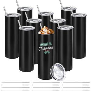 10 Pack Stainless Steel Skinny Tumblers 30oz Bulk Straight Double Wall Insulated Tumbler with Lid and Straw for Travel, DIY Gift, Black