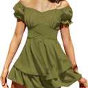 LYANER Women's Tie Back Off Shoulder Wrap Layer Ruffle A Line Short Sleeve Casual Mini Dress, XS