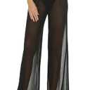 Awoscut Women See Through Sheer Mesh Pants Beach Swimsuit Bikini Bottom Cover up Party Club Elastic High Waist Wide Leg Pants M