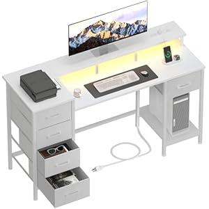 Korfile 47 Inch Computer Gaming Desk with Power Outlets & LED Lights Reversible Home Office Desk with Adjustable 5 Fabric Storage Drawers for Working Writing Study, White Oak