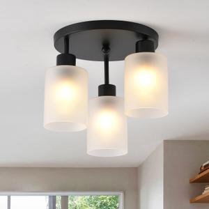 3-Light Industrial Farmhouse Black Matte Light Fixtures Ceiling Mount, with Frosted Glass Shades Semi Flush Mount Ceiling Light, for Hallway Fixtures Kitchen, Foyer, White