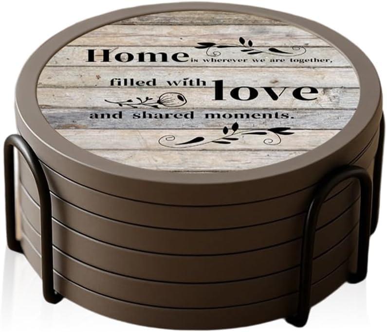 Absorbent Coasters for Drinks with Holder, Set of 6 Farmhouse Coasters, Silicone Coaster with Soft Felt Insert, Round, Housewarming Gifts (4.3 inch Coasters with 4.5 inch Holder, Farmhouse Style-02)