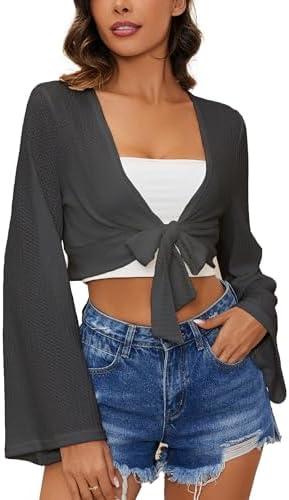 YYA Women's Lightweight Ribbed Cardigan Tie-Front Beach Cover Up with Long Sleeves for Summer Outfits Black XXL
