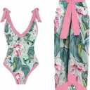 ZDRZK Sexy One Piece Swimsuit for Women with Matching Cover Ups Sarong Retro Floral Print Bikini Set Two Piece Bathing Suit  (#T03-pink 2pcs) XL
