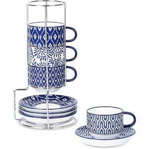 Selamica Ceramic Espresso Cups with Saucers and Metal Stand, 4 OZ Stackable Cappuccino Cups, Demitasse Cups for Latte Coffee Caf Mocha Tea, Set of 4, Vintage Blue