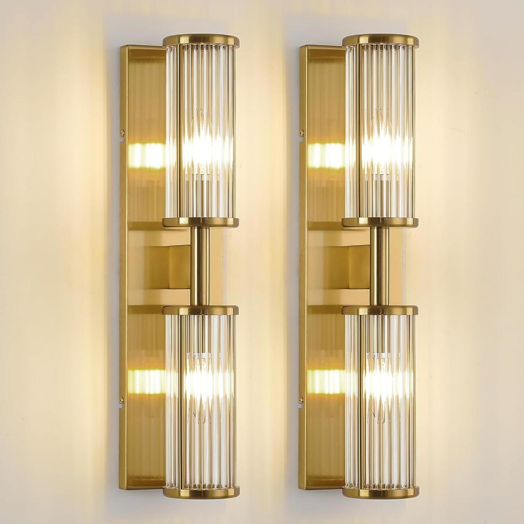 Set of 2 Brushed Brass Vanity Lights, Industrial Bathroom Wall Sconces with Glass Shades for Mirror Lighting
