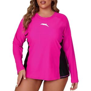 Halcurt Womens Plus Size Long Sleeve Rash Guard Swim Shirt with Built in Bra Loose Fit UPF50+ Swimsuit Top 3X, Hot Pink/Black