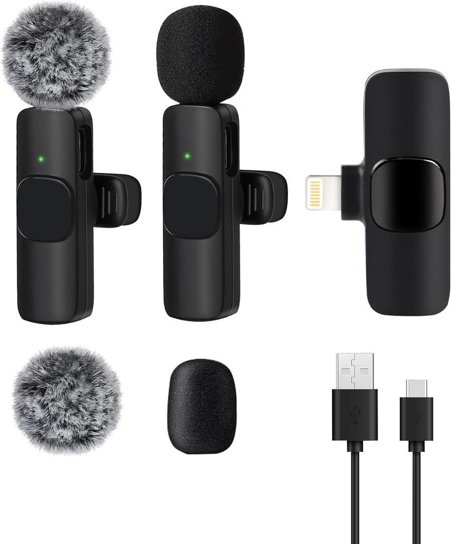 𝟮𝟬𝟮𝟰 Professional Wireless Lavalier Microphone for iPhone iPad, Wireless Microphone- 2 Pack Noise Canceling Crystal Clear Recording with USB-C, Live Streaming, YouTube, TikTok
