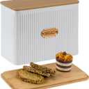 Extra Large Bread Box for Kitchen Countertop Corner Breadbox for Homemade Bread Metal White Vertical Stripe Pattern Embossed Storage Container Bin with Bamboo Lid Fits 2 Loaves of Bread