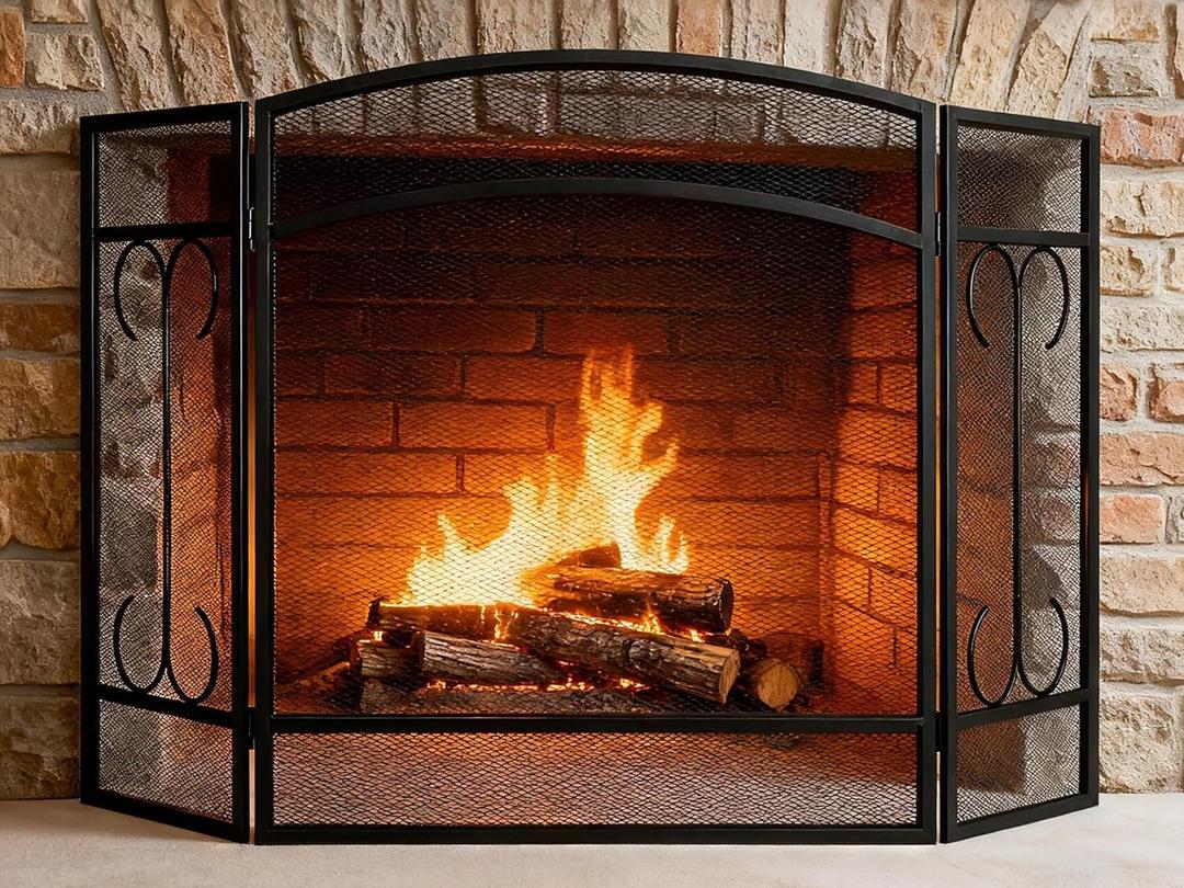 Gtongoko 3 Panel Fireplace Screen 48" W x 29" H Modern Wrought Iron Decorative Large Fire Spark Guard Grate Heavy Duty for Living Room Home Outdoor Decor - Black