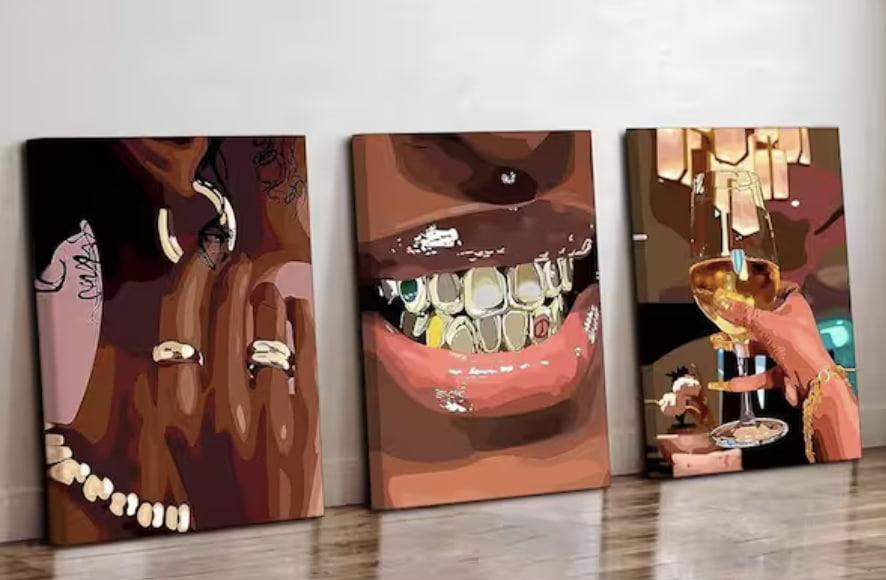 3 Pcs African American Woman Canvas Wall Art Fashion Bracelets Earrings Necklaces Gold Teeth Pictures Wall Decor,16x24in