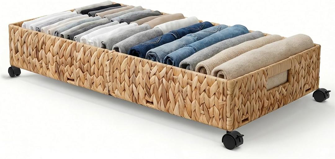 Under Bed Storage with Wheels, 31.5in / 37L Large Handwoven Water Hyacinth Under Bed Shoe Storage Organizer Drawer, Tool-free Assembly Rolling Storage Containers for Bedroom Clothes Shoes Blankets