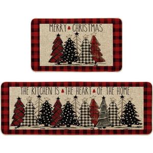 Artoid Mode Red Buffalo Plaid Xmas Trees Merry Christmas Kitchen Mats Set of 2, Winter Decor Low-Profile Kitchen Rugs for Floor - 17x29 and 17x47 Inch