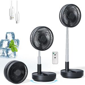 Portable Oscillating Rechargeable Fan, Battery Operated with 4 Speed Settings & Remote Control, Desk Travel Pedestal Fan for Sleeping, Camping, Cruise, RV - Black 8" USB C