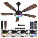 OUTON 52" Ceiling Fan with Light, Remote & APP Control, Low Profile RGB Ceiling Fans Light, Reversible, 6 Speeds, 3000-6500K Stepless Dimming, Modern Ceiling Fan for Bedroom Indoor/Outdoor Use Walnut
