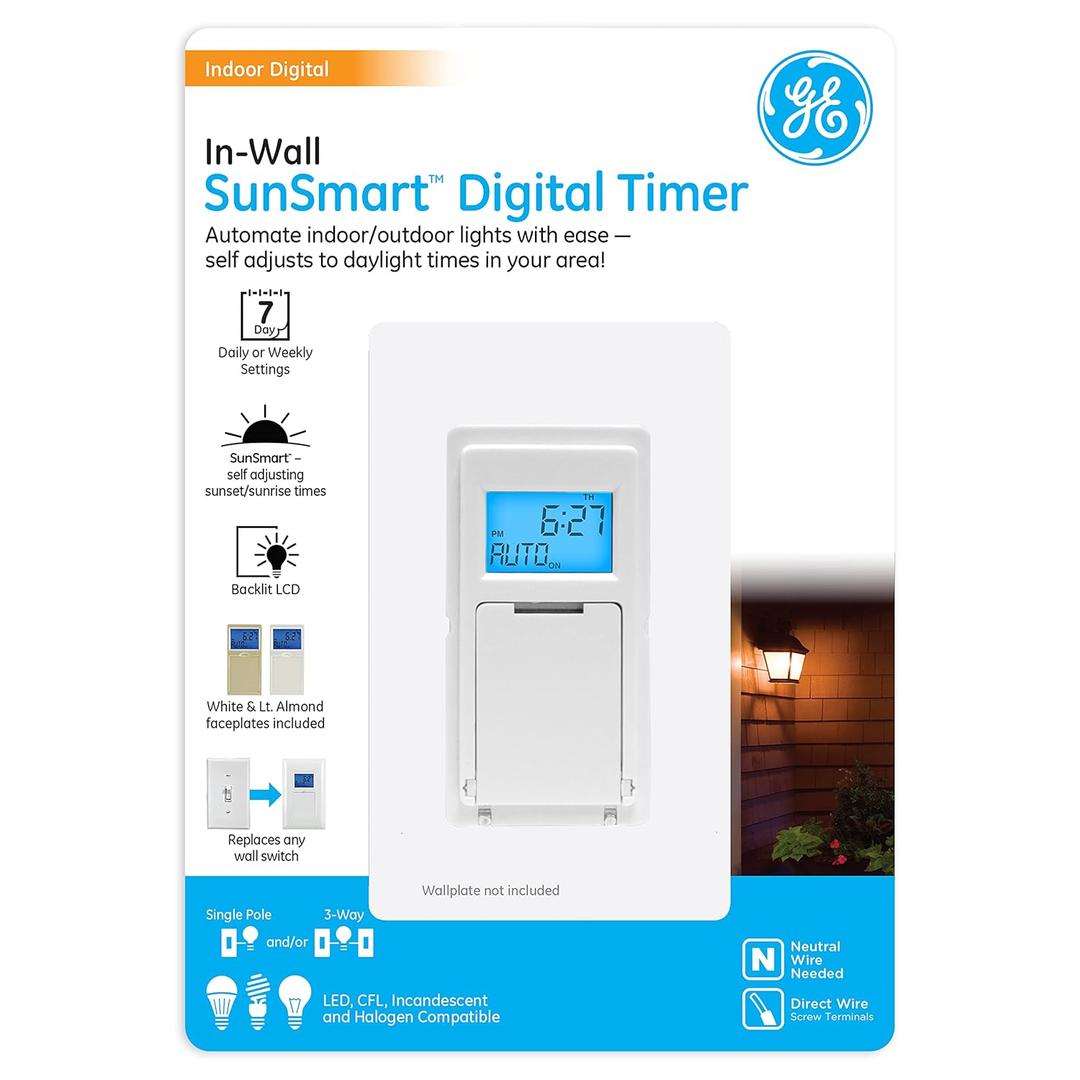 GE SunSmart 7-Day In-Wall Digital Timer Switch, Auto Sunrise/Sunset, Weekly Programmable, Security, Countdown, Single-Pole/3-Way, Neutral Wire Required, White or Light Almond, 32787