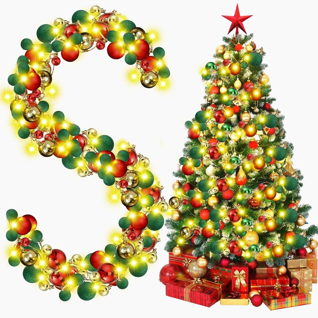 Jenaai 6 Ft Christmas Bulb Ball Garland with LED Lights Christmas Lighted Bulb Garland Ornament Xmas Tree Balls Decor Hanging Balls Decoration for Tree Fireplace(Red, Gold, Green)