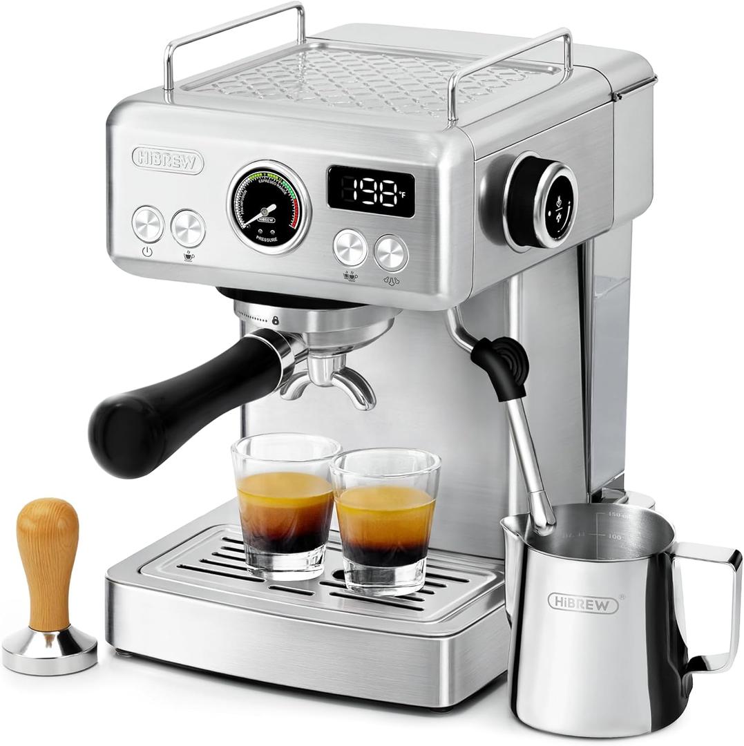 HIBREW H10A - 58mm Espresso Machine, Stainless Steel Body with Milk Frother, Customizable Settings, Smart Display + 20 Bar Pressure Gauge
