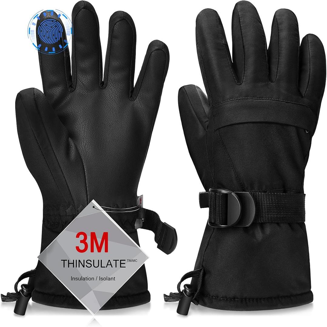 Ski Gloves, Waterproof and Breathable Snow Gloves for Cold Weather, Men & Women Boys and Girls (S(Fit Kids 8-10 Years), Full Black)