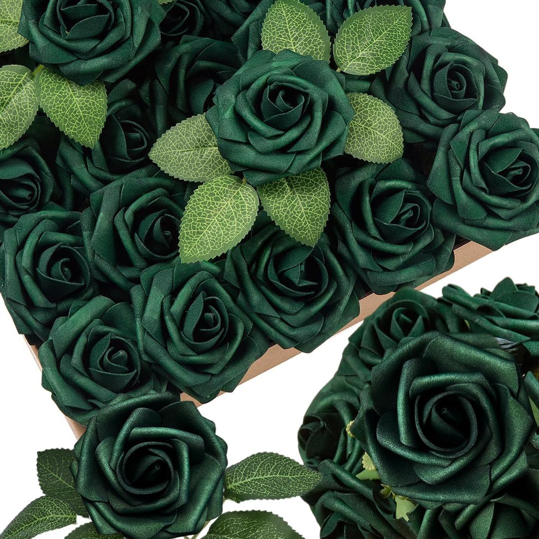 25pcs Emerald Green Artificial Flowers Foam Fake Dark Hunt Green Rose with Stems 8 Leaves Real Looking Faux Roses for Wedding Bouquets Bridal Shower Centerpieces Arrangements Party Tables Decorations