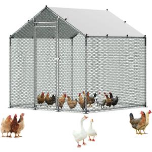 VEVOR Metal Chicken Coop, 6.56x6.56x6.56ft Walk in Chicken Runs with Cover, Spire Roof Hen House Enclosure with Security Lock, Outdoor Duck Rabbit Cage Poultry Pens for Backyard, Farm, Yard