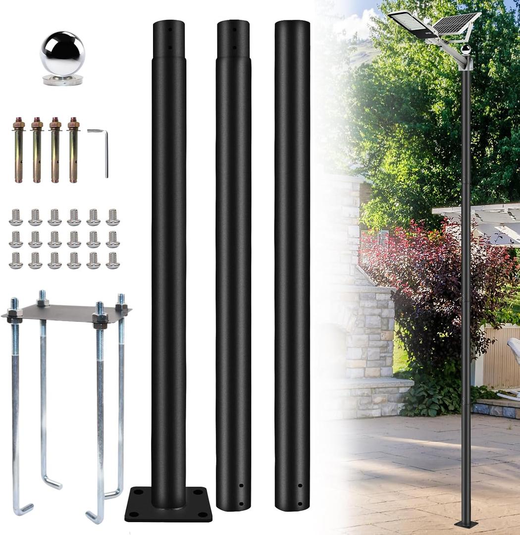KAXIWEI Street Light Pole, Galvanized Heavy-Duty Metal Solar Street Lamp Post for Outdoor Adjustable Street Courtyard Porch Exterior Patio Flag Lighting Fixtures with Mounting Rebar Cage (10 Ft & 3m), 10Ft Tall Outdoor Street Light Pole