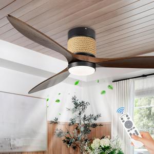 60in Dimmable Flush Mount Ceiling Fans Light with Remote Control 3 Blade Farmhouse Hemp Rope Ceiling Fan with Light Walnut Wood Black Ceiling Fan Outdoor for Kitchen Bedroom Living Room
