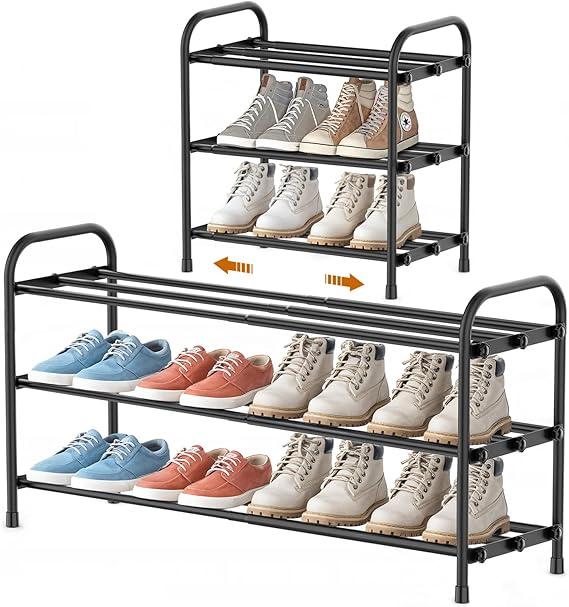 INSMART 3Tier Expandable Shoe Rack, Stackable and Adjustable Shoes Organizer Storage Shelf, Sturdy and Durable Metal Structure Free Standing Shoe Rack for Closet Entryway Doorway