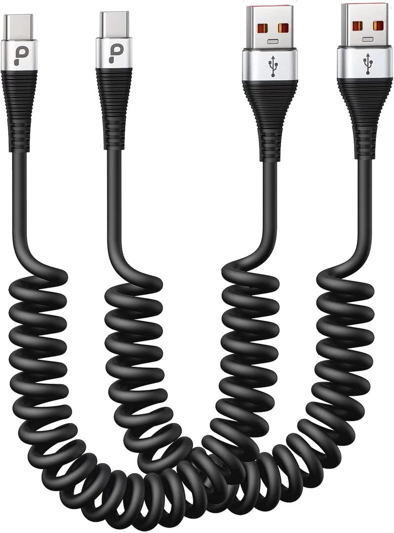 USB C Cable Fast Charging, 2Pack 3ft Coiled USB A to Type C Charge Cord for Car, USB-C Charging Cable Compatible with iPhone 16/15/Samsung Galaxy S20 S10 S9 S8 Plus Note 10 9 8 and More USB C Devices (Silver)