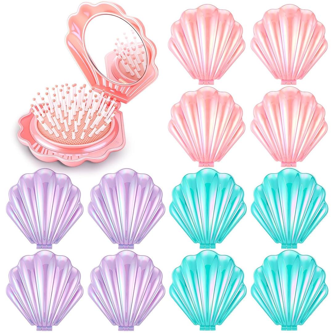Meanplan 12 Pcs Mermaid Party Favors Shell Hair Brush with Mirror Foldable Mini Travel Pocket Hair Brush Compact Makeup Comb for Women Girls Valentines Day Birthday Gifts(3 Colors)