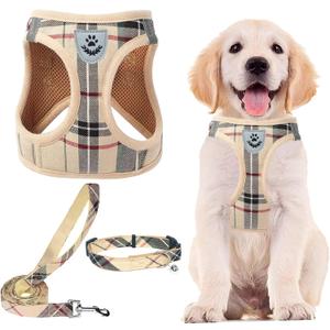 PUPTECK Adjustable Pet Harness Collar &Leash Set Step in for Small Dogs Puppy &Cats Outdoor Training &Running, Soft Mesh Padded Reflective Vest Harness,M: Chest girth: 16-18in Collar: 11.8-15.7in (Beige)