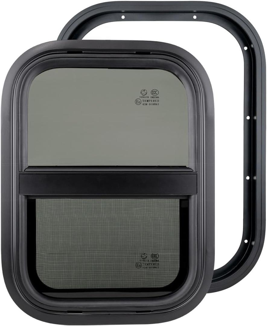 Dulepax Vertical RV Window, 14" W x 16" H Tinted Slide Trailer Window, Tempered Glass Camper Window Replacement with Net Screen and Trim Ring, DOT Approved