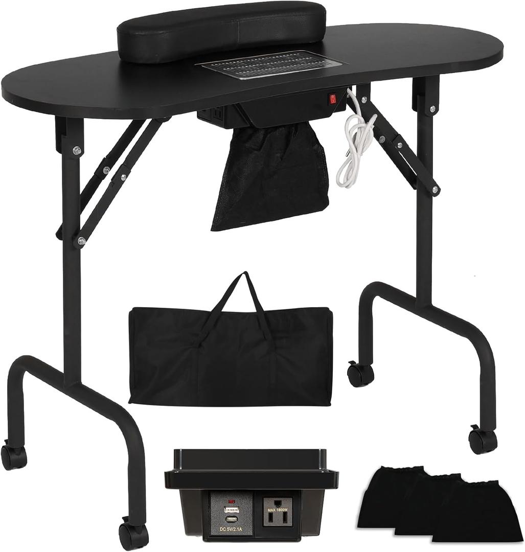 Portable Manicure Table Nail Desk with Charging Station & Dust Collector, Foldable Nail Tech Table for Technician Spa Salon Workstation with Wrist Pad 4 Lockable Wheels, 36-inch, Black