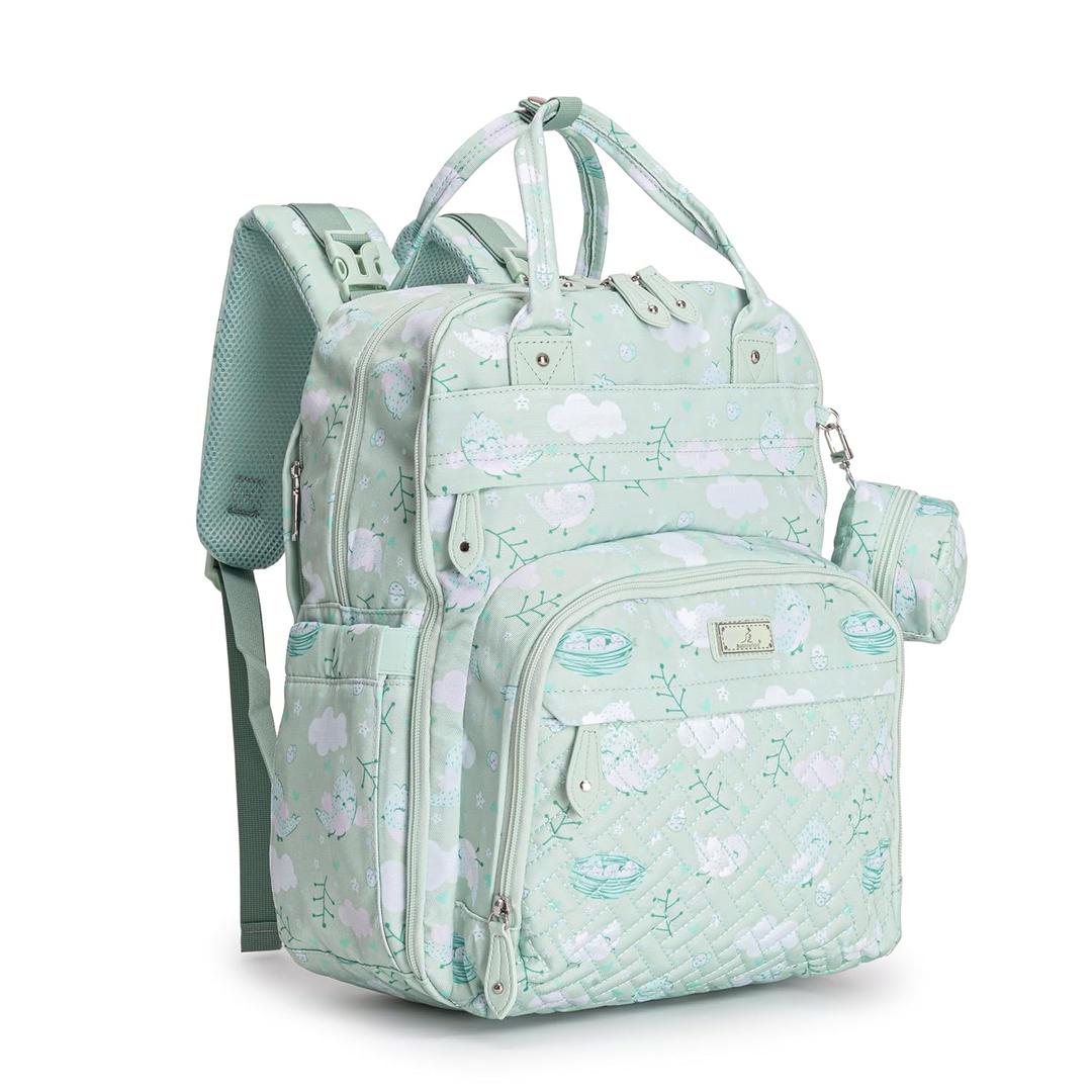 BabbleRoo Diaper Bag Backpack - Baby Essentials Travel Tote - Multi Function Water Resistant Diaper Bag, Travel Essentials Baby Bag with Changing Pad, Stroller Straps & Pacifier Case - Green Birdy | Baby Essentials, Travel Essentials, Baby Bag, with Changing Pad, Stroller Straps, Pacifier Case (26L)