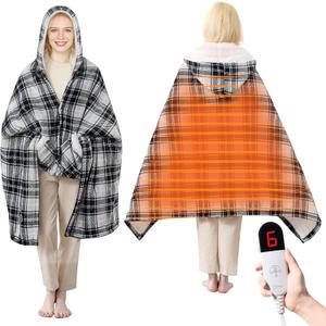 Electric Blanket Wearable Heated Shawl with Hood & Pockets  6 Heat Levels, 4H Auto-Off, Reversible Flannel & Sherpa, Cozy Plaid Heated Throw for Home, Couch, or Gift, 40"x70", Black & Grey