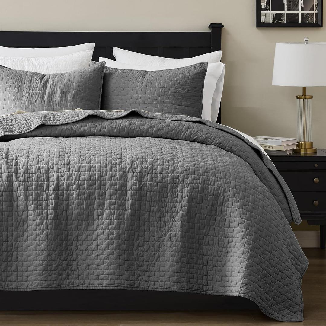 palassio Dark Grey 100% Cotton Quilt Twin Size Bedding Sets with 1 Pillow Sham, Textured Lightweight Soft Bedspread Shabby Chic Coverlet, Quilted Comforter Bed Cover for All Season, 2 Pieces, Twin(68"x86"