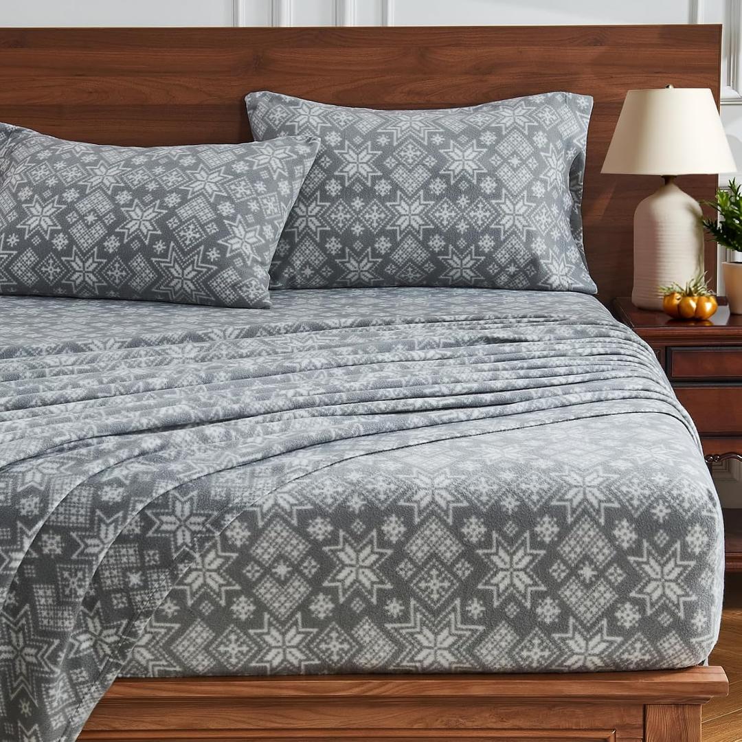 HYPREST Flannel Sheets Queen Size,Grey Snowflake Christmas Soft Warm Winter, King