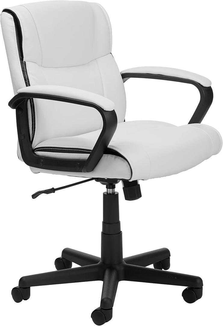 Amazon Basics Office Task Chair with Adjustable Height, 360 Swivel, Padded Armrests, Mid-Back, 275 Pound Capacity, BIFMA Certified, 24.2"D x 24"W x 38.6"H, White Faux Leather