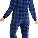 Giggling Getup Women Christmas Pajamas, Buffalo Plaid Pajamas with Hood, Flannel Sherpa Jumpsuit PJ (Blue)