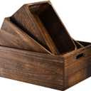 Frcctre Set of 3 Wood Nesting Storage Crates with Handles, Decorative Farmhouse Wooden Crates Storage Containers Rustic Handmade Natural Solid Wood Basket