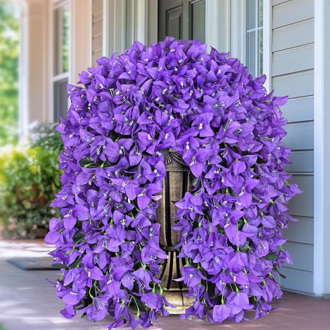 2 Pcs UV Resistant Artificial Flowers for Outdoors, Realistic Faux Silk Bougainvillea Flowers, Fake Hanging Plants for Porch Patio Balcony Decoration (Dark Purple)