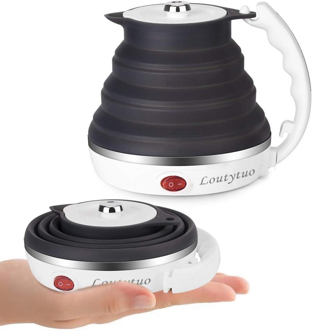 Ultrathin Upgraded Food Grade Silicone Travel Foldable Electric Kettle Boil Dry Protection Portable with Dual Voltage and Separable Power Cord,555ML 110-220V US Plug (Black)