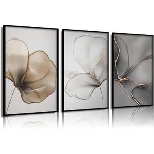 Abstract Floral Wall Art: Minimalist Gold Line Petal Poster Wall Decor, Modern Neutral Botanical Picture Canvas Print Artwork for Living Room, Bedroom, Entryway Home Decoration 12x16in Beige Gray Gold