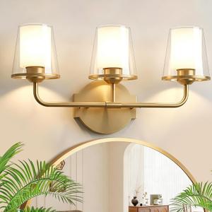 VbiTmn Gold Vanity Light, Brushed Gold Bathroom Light Fixtures, Vintage Bathroom Lights with Dual-Layer Glass Shades, Antique Brass Finish for Bathroom Mirror, Bedroom, Hallway 3-Light