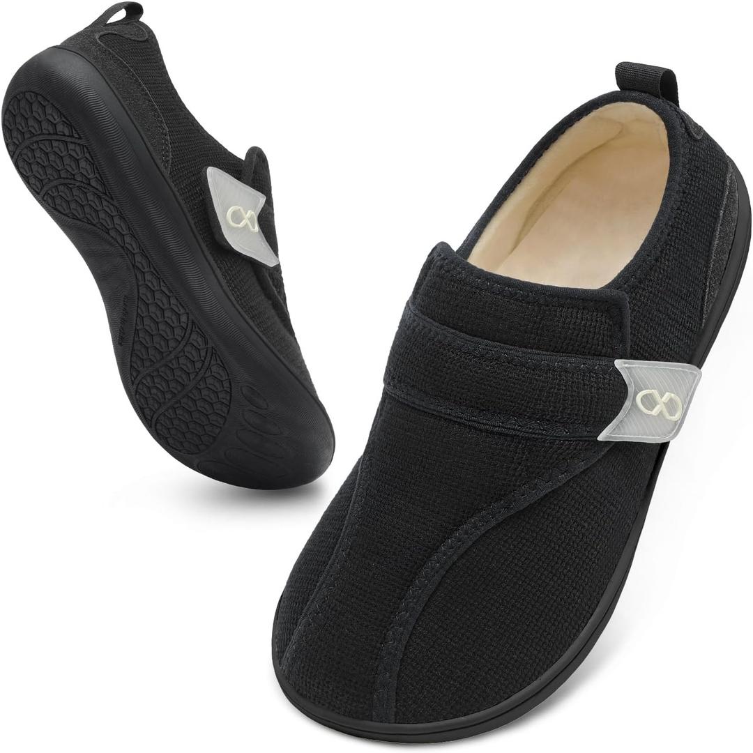 XIHALOOK Womens Slippers Wide Diabetic Shoes with Adjustable Strap for Diabetic Swollen Feet Outdoor Indoor Walking Shoes (Black)