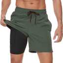 Arcweg Mens Swim Trunks with Compression Liner 2 in 1 Beach Swimming Trunks Quick Dry Swim Shorts with Zipper Pockets (Small, Army Green)