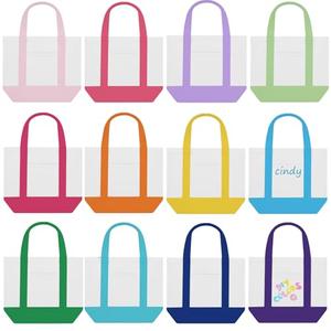 Eccliy 12 Pcs Mini Canvas Tote Bags 13" x 11" x 6" Small Tote Shopping Bag Bulk with Pocket Handle Blank Heavy Duty Reusable Canvas (13" X 11" X 6",Stylish Color)